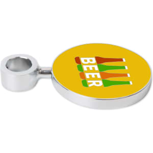 A round yellow beer tap badge with a silver holder, featuring an illustration of drink bottles.