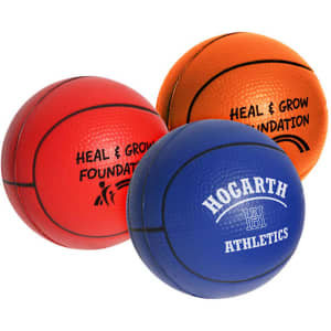 Three stress balls in basketball shape, coloured red, orange, and blue, featuring various logos.