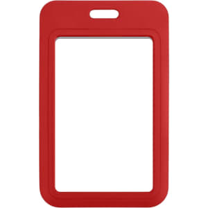 A red ABS double-sided ID card holder with a slot for a lanyard or clip, featuring a blank interior.