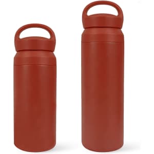 A drink bottle set featuring a 350ML and a 500ML double wall stainless steel design in a deep red colour with handles.