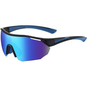 Sports cycling sunglasses with a blue and black design featuring mirrored lenses. The frame has a sleek, modern style.