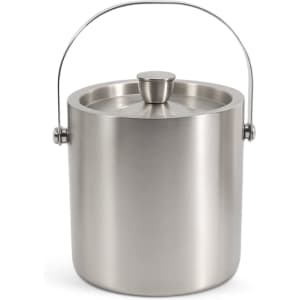 A stainless steel ice bucket with a lid and a handle. It has a sleek, polished finish.
