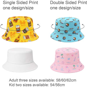 A colourful bucket hat with various designs, including a bright yellow pattern, a sky blue variant, and a pink floral option.