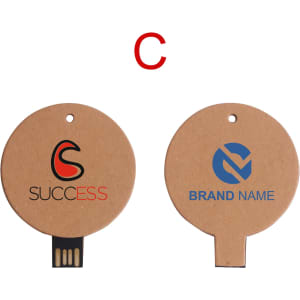 A round, eco-friendly flash drive in brown cardboard with logos on both sides, featuring a black USB connector.
