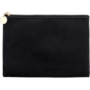 A black durable flat makeup bag with a zip closure and a gold accent. Features a smooth, soft texture.