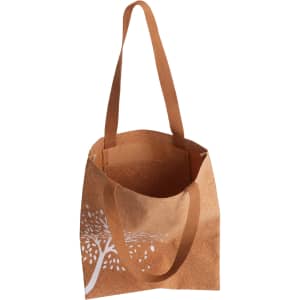 A brown cork tote bag with a white tree design and tan handles. It has an internal compartment and a logo.