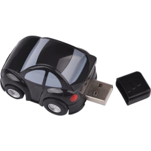 A black car-shaped flash drive with removable USB connector, designed for storage and technology use.