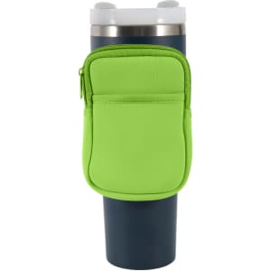 A drink bottle pouch in vibrant green, featuring a zippered pocket, designed for a large blue drink bottle.
