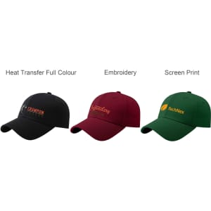 A collection of three baseball caps in black, burgundy, and green, each featuring a logo or branding.