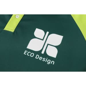 A green and lime unisex RPET sublimated raglan polo shirt with an eco-friendly logo.