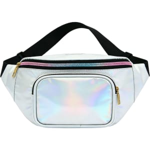 A holographic fanny pack in white with a pink zipper and a front pocket, featuring a black adjustable strap.