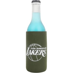 A drink bottle with a green skinny stubby holder featuring a logo and a light blue beverage inside.