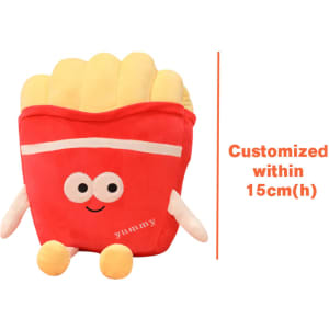 A plush toy shaped like a red French fry container with yellow fries, featuring cartoon eyes and arms.