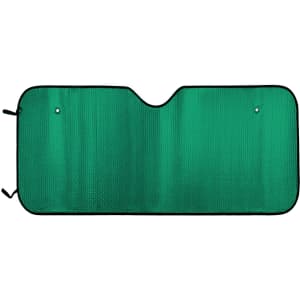 A green bubble aluminium car sunshade with a sleek design and black trim. It has securing holes at the top.