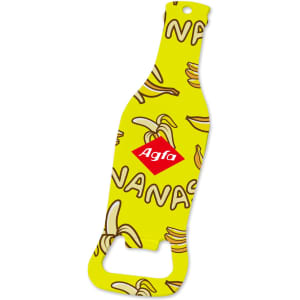 A drink bottle opener in a vibrant yellow colour with a playful banana pattern and a logo.