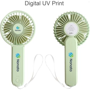 A foldable USB handy fan in light green, featuring a logo, with a straight handle and ventilation blades.