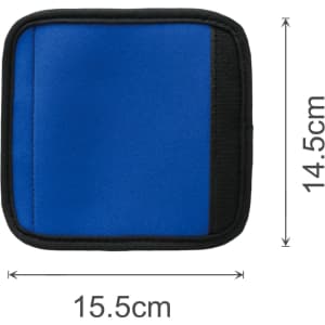 A blue neoprene luggage grip with black trim, featuring dimensions of 15.5 cm by 14.5 cm.