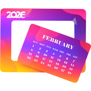 A vibrant pink and orange custom-shaped fridge magnet featuring a calendar for February 2026 and a logo.