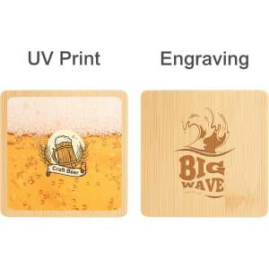 A square bamboo coaster featuring UV print and engraving designs, displayed in light brown tones.