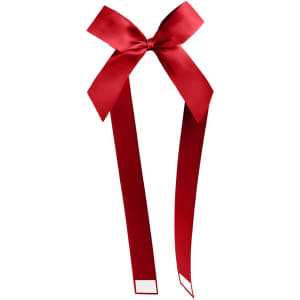 A vibrant red adhesive ribbon bow featuring long tails, suitable for decorative use. The bow includes a logo.