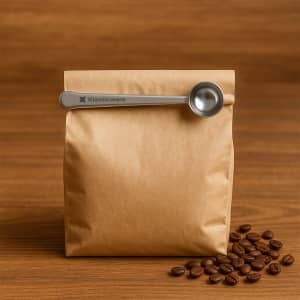 A brown paper bag of coffee with a stainless steel measuring spoon resting on top, surrounded by coffee beans.