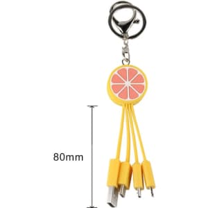 A yellow custom-shaped PVC charging cable with a keyring and a sliced fruit design, featuring three connectors.