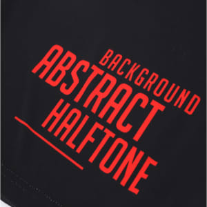 Black athletic fabric featuring an abstract halftone design in red with a logo. Suitable for running shorts.