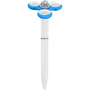 A white pen with a blue spinner top, featuring three white pads and a metal button in the centre.