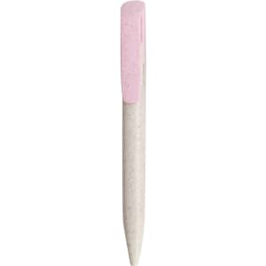 A click pen in white with a pink clip, made from wheat straw, featuring a simple design and a logo.