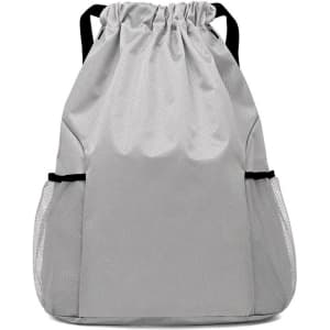 A grey drawstring backpack with black accents and mesh side pockets. It features a logo on the front.