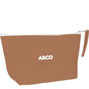 A washable kraft paper cosmetic bag in a warm brown colour with a white zip and a branding logo.