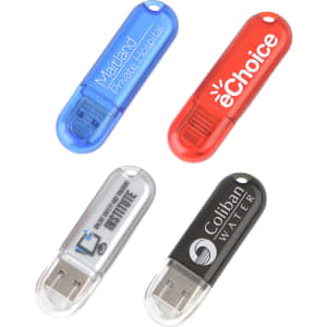 A set of four flash drives in blue, red, silver, and black, featuring various logos and designs.