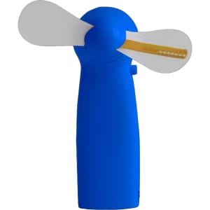 A blue LED message fan with a sleek design and clear blades, featuring a side button and a branding logo.