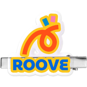 A custom-shaped acrylic hair clip featuring vibrant orange, pink, and blue colours, with a logo included.