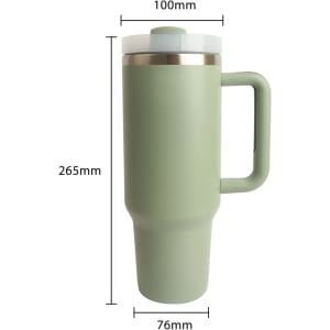 A drink bottle made of green stainless steel with a lid and straw, featuring a handle and measurements displayed.