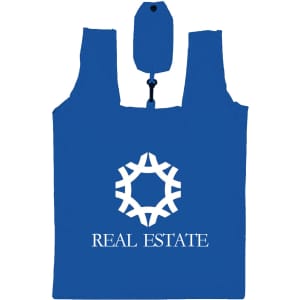 A blue foldable tote bag with two handles and a logo on the front, compactly folded at the top.