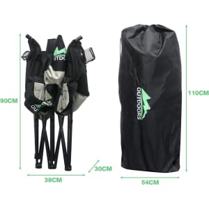 A foldable portable camping chair in black and grey, with dimensions and a carrying bag included.