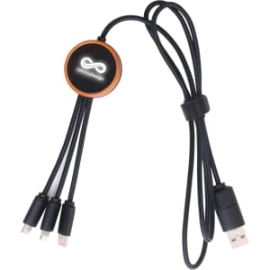 A round, light-up charging cable in black with multiple connectors, featuring a logo on the round section.