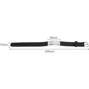 A black engraved stainless steel bracelet with a clasp, measuring 246mm in length, 39mm wide, and 15mm thick.
