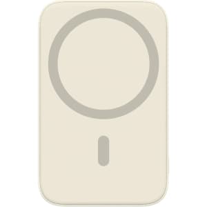 A cream-coloured 5000mAh magnetic wireless power bank with a light grey circular design and a branding logo.