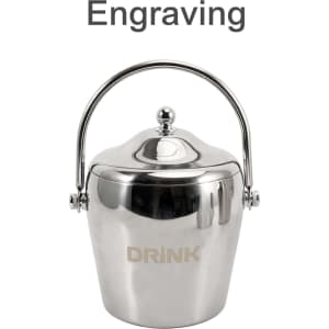 A stainless steel cooler bucket with a smooth finish and a rounded lid, featuring a handle and engraved branding.