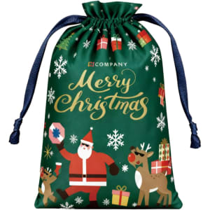 A green polyester drawstring gift bag featuring Christmas designs, including Santa, reindeer, and presents.