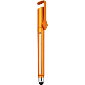 An orange 4 in 1 QR Code banner pen with a clip and a stylus tip, featuring a logo on the body.