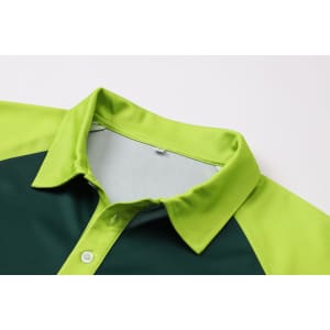 A green and lime RPET sublimated raglan polo shirt featuring a collar and buttons, with a branded logo.