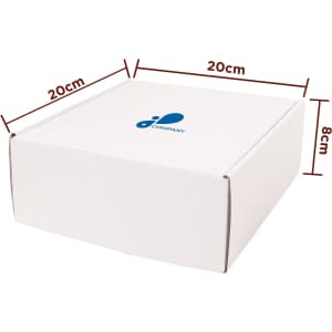A white shipping box with dimensions 20cm x 20cm x 8cm, featuring a logo.