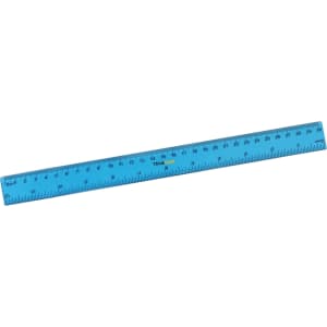 A blue 30cm dual scale ruler featuring metric and imperial measurements, with a logo on its surface.
