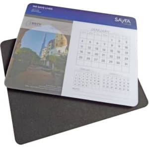A calendar mouse mat featuring a scenic image and a monthly calendar layout in blue and grey tones.