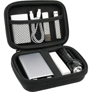 A black zipper case containing a portable charger, cables, a flashlight, and USB drives in a mesh pocket.