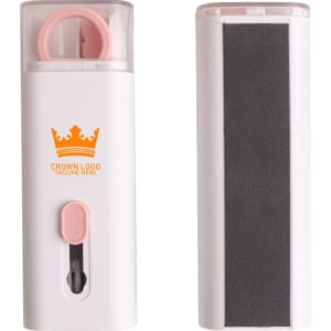 A 7 in 1 cleaning kit featuring a white and pink design, including various cleaning tools and a logo.