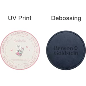 A pink coaster with a cute design and a navy blue coaster featuring debossed branding.